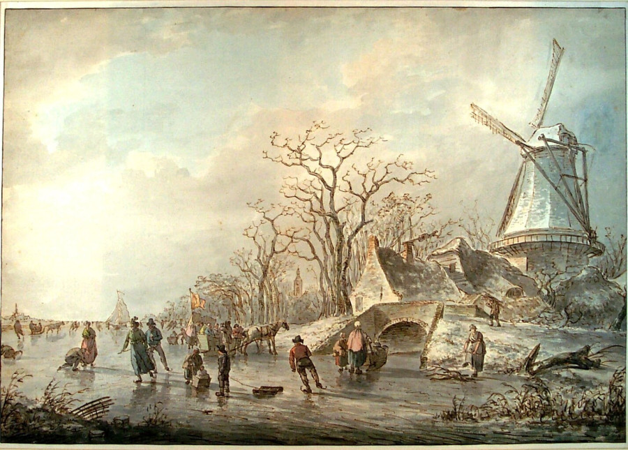 Winter Landscape with Skaters on a Frozen Canal near a Windmill